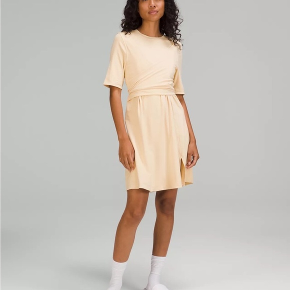 lululemon athletica Short-Sleeve Wrap Waist Dress in Light Beige